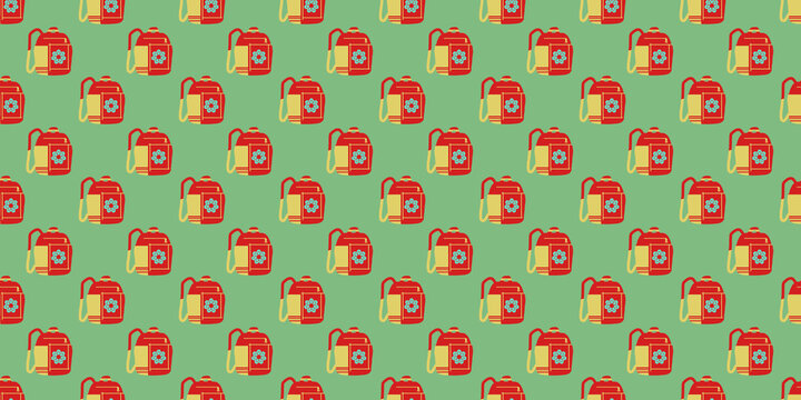 Seamless pattern of red pixel art backpacks with flower logo on green background.
