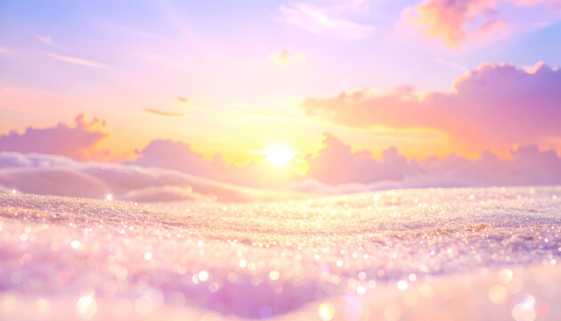 A dreamy winter landscape shows glittering snow under a pastel sunrise, soft clouds, and warm colors. It looks like fairyland