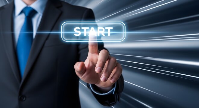 Business start up concept entrepreneur pressing start button