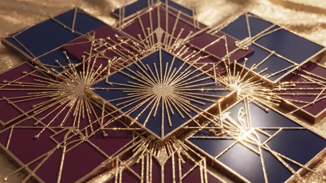 Geometric art deco gold blue purple tile luxury decorative pattern abstract shiny elegant design with intricate metallic lines, dark blue and burgundy square tiles with gold edges arranged geometric
