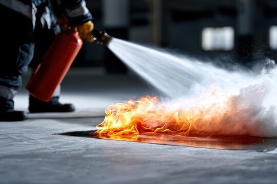 Person using a red fire extinguisher to suppress a small fire on the ground in an indoor setting, emergency and safety concept.