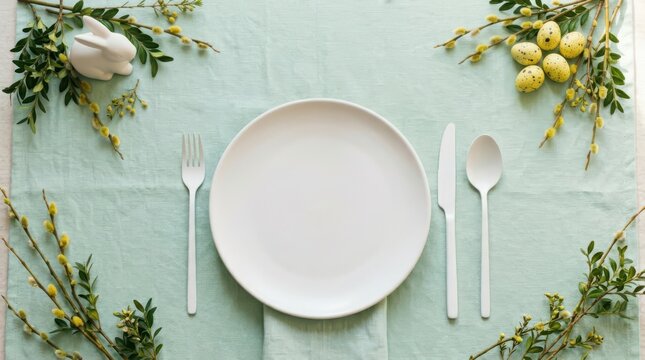 Easter table setting with plate, cutlery, eggs, and pussy willow branches