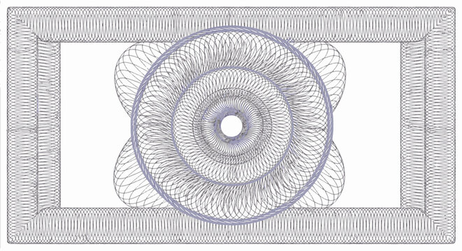 Intricate pale blue and lavender guilloche vector pattern featuring a central circular rosette and a rectangular decorative border on a plain white background for security printing.