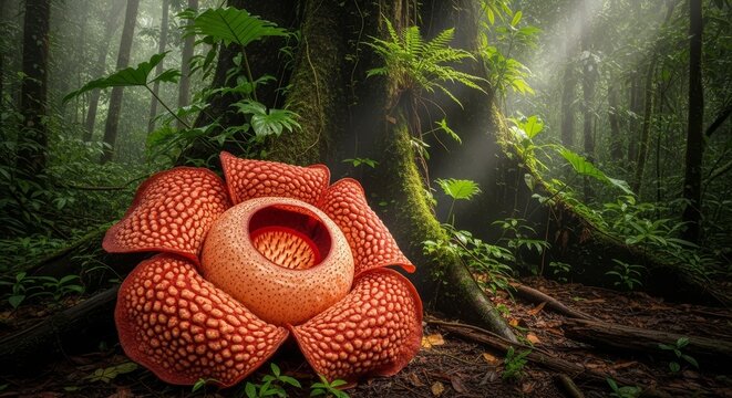 Rafflesia flower in a lush rainforest, a botanical marvel.