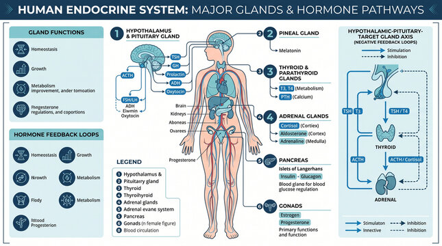 Endocrine system infographic showing human glands and hormones