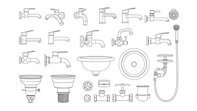A collection of various plumbing fixtures and fittings, including faucets, sinks, and shower heads, presented in a clean, line-art style