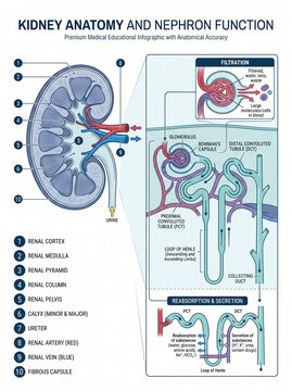 Kidney anatomy infographic showing nephron function and filtration
