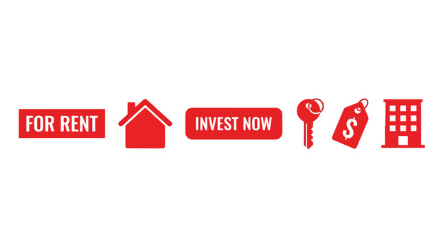 Real estate investment icons set for rent and invest now banners in bold red flat vector for property management marketing