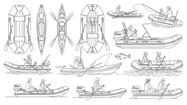 Various inflatable boat, kayak, and dinghy types with people on board, illustrating different boating and water activities
