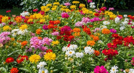 Fototapeta premium Vibrant Zinnia Garden - A Colorful Display of Summer Blooms.