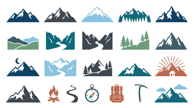 Flat Design Outdoor Adventure Mountain  Nature Landscape Vector Icons Set