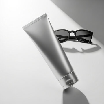 A mockup of a silver skincare product tube with black glasses on a white surface with shadows.