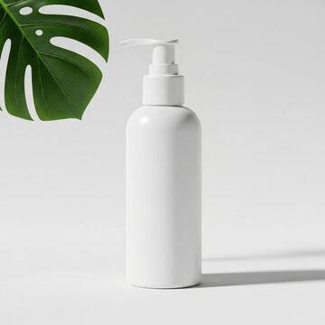 The mockup of a white skincare product bottle with a pump dispenser is placed on a surface next to a large green leaf, showcasing the product.