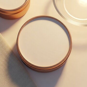 A close-up view of a skincare product mockup on a table with containers and a glass dish nearby, showcasing the packaging design.