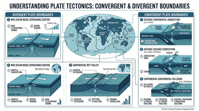 Geography infographic showing plate tectonics boundary diagrams