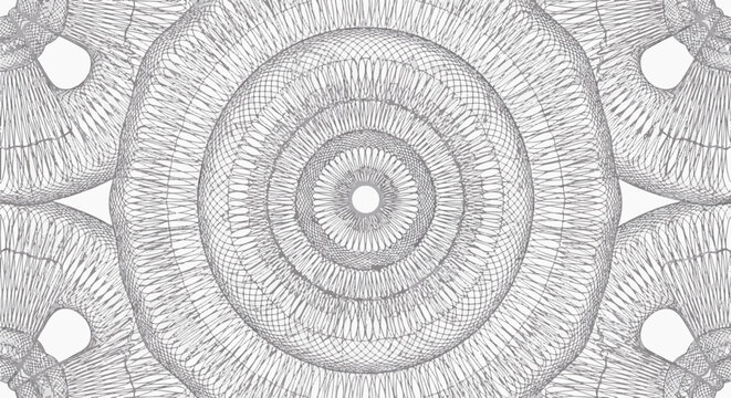 Intricate pale silver and light blue guilloche pattern with circular geometric line art and symmetrical rosette designs on white background for security document backgrounds.