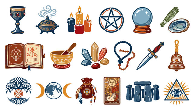 Esoteric Occult Spiritual Symbols and Magic Tools Vector Illustration Set - Vintage Mystic Icons