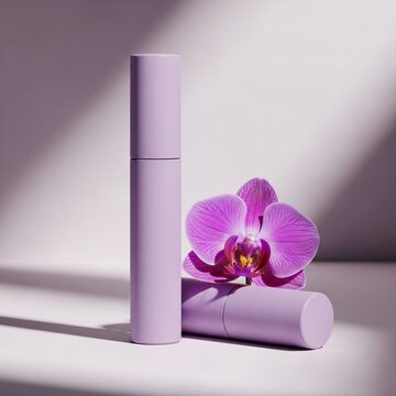 The mockup of a purple skincare product tube stands next to an open tube and a vibrant purple orchid on a sleek white surface in a brightly lit room with shadows.