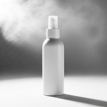 A mockup of a white skincare product bottle with a pump dispenser spraying mist on a clean surface in a studio