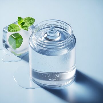 A mockup of a clear skincare product jar with mint leaves on a light blue background showing a refreshing gel texture.