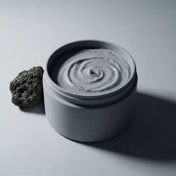 A close-up view of a skincare product mockup in a gray jar with a swirl design, accompanied by a small black rock on a plain surface.