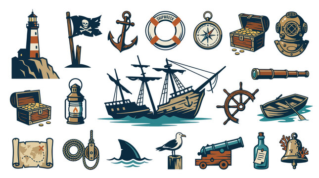 Nautical and Pirate Icons: Lighthouse, Ship, Treasure Chest, Compass, Anchor, Bell