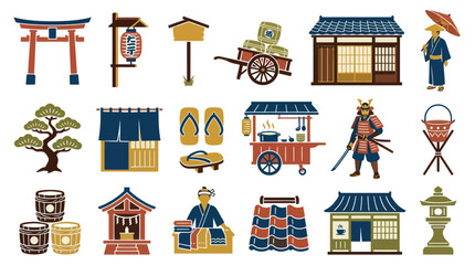Fototapeta premium Japanese Culture Icons: Samurai, Torii Gate, Food Stall, Traditional Houses, Flat Style