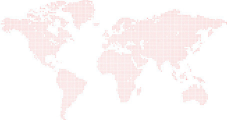 Fototapeta premium World map composed of small red halftone circles and dots against a transparent checkered background illustrating global connection and communication.