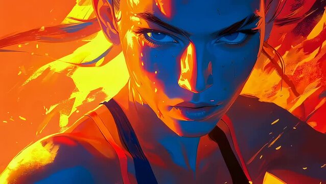 Determined woman athlete preparing for intense exercise. Portrait of motivated sportswoman with sweaty skin and fierce gaze. Concept of discipline, endurance, grit.
