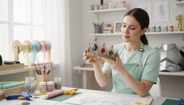 Female artisan holding handmade jeweled crown in jewelry maker workshop
