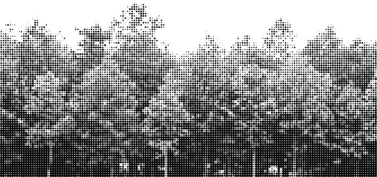 Dot art forest silhouette halftone, dense trees against light background, natural landscape, outdoor scene, pattern of dots.