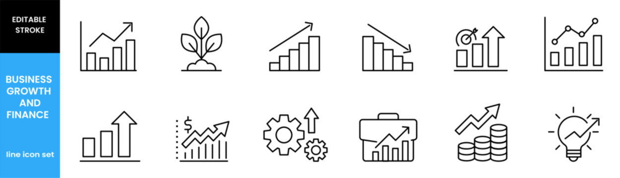 Business growth and finance line icon set with editable stroke