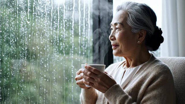 Elderly Asian woman sips a warm drink while watching rain outside a window