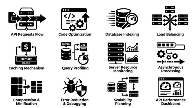 Website performance optimization and server backend icons