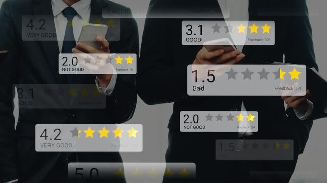 Business professionals reviewing customer feedback with star ratings, showcasing performance metrics and evaluation criteria in a corporate setting Gluon.
