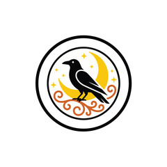 Fototapeta premium Crow on branch against crescent moon and stars with mystical swirls in circular emblem