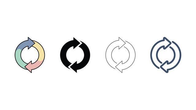 Four circular arrow icons in different colors and line styles for business concepts