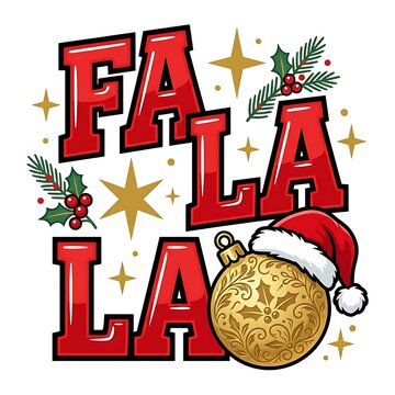Festive red FALA LA text with golden ornament and holly decorations for Christmas celebrations