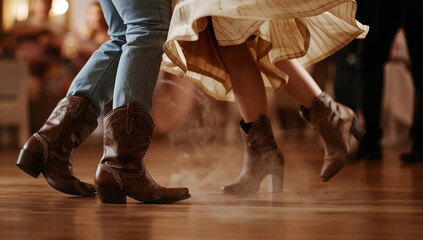 Obraz premium Couple wearing leather cowboy boots dancing on a wooden floor