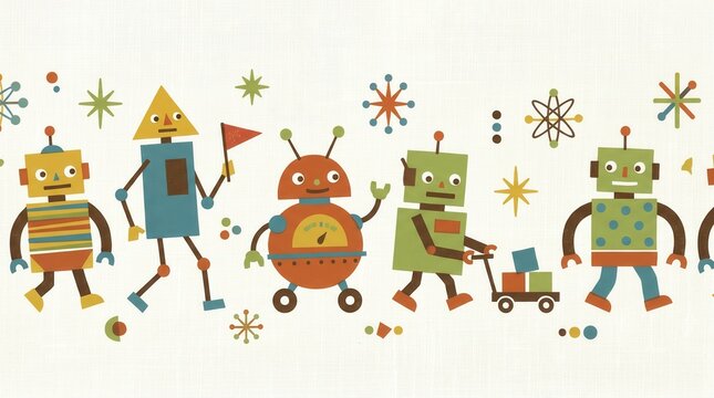 Five colorful robots march with a flag and push a cart filled with blocks on a textured background
