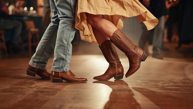 Couple dancing country western music wearing leather cowboy boots indoors
