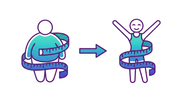 Weight loss transformation illustration showing a before and after comparison with a measuring tape