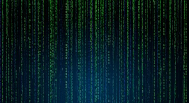 Digital code matrix background with green binary numbers on black