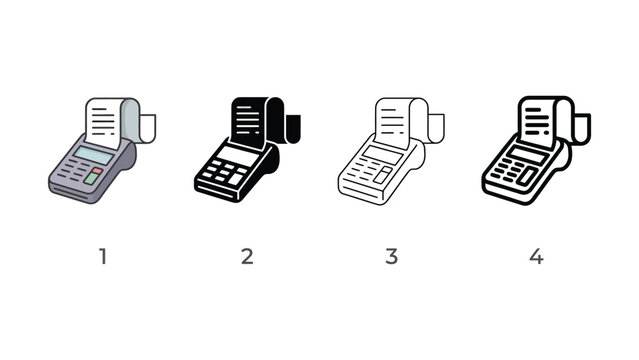 Four different colored payment terminal machines with receipts  isolated on white