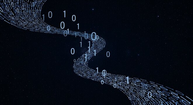 Digital data stream binary code vortex in deep blue space futuristic technology concept