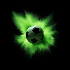 Fototapeta premium Dynamic Soccer Ball Floating Amidst Vibrant Green Powder Explosion on Black Background