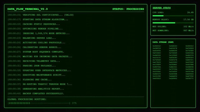 Data Flow Terminal Server Stats Processing Dashboard Animation Green Hacker Code Loop.