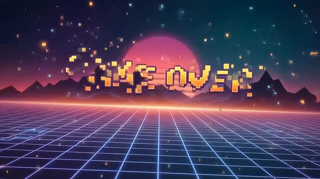 Retro synthwave landscape grid with pixelated game over text and sunset