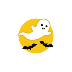 Fototapeta premium Cute cartoon ghost floating with bats against a bright yellow moon during Halloween night