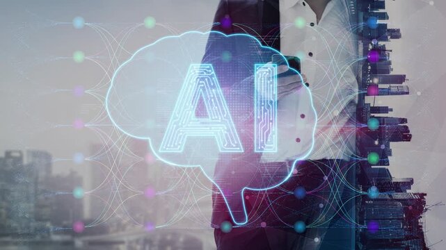 Conceptual Visualization of Artificial Intelligence with Brain Graphic Overlay and Businessman in Modern City Background Sigmoid